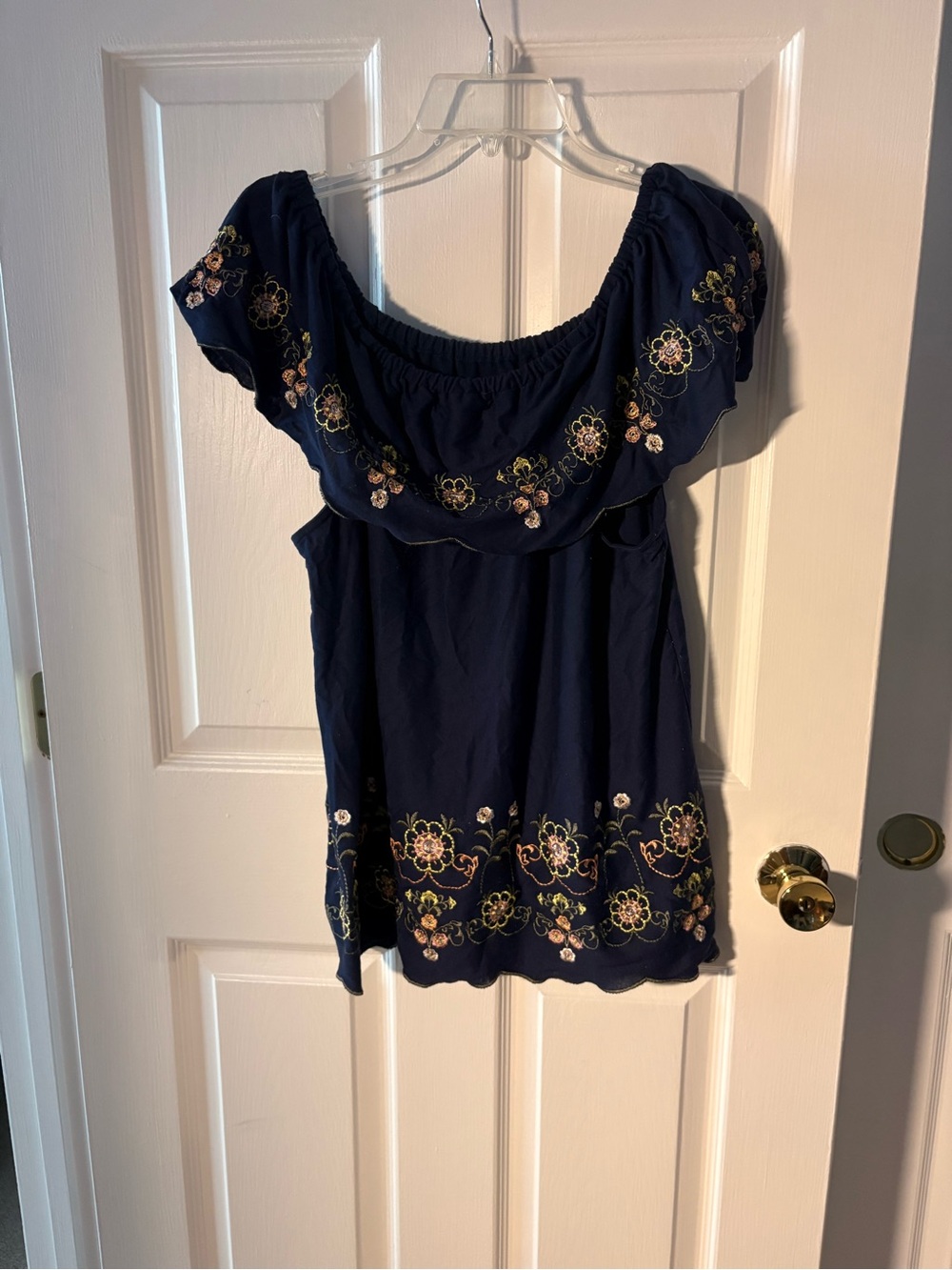 Fever Navy Off-Shoulder Floral Embroidered Tunic